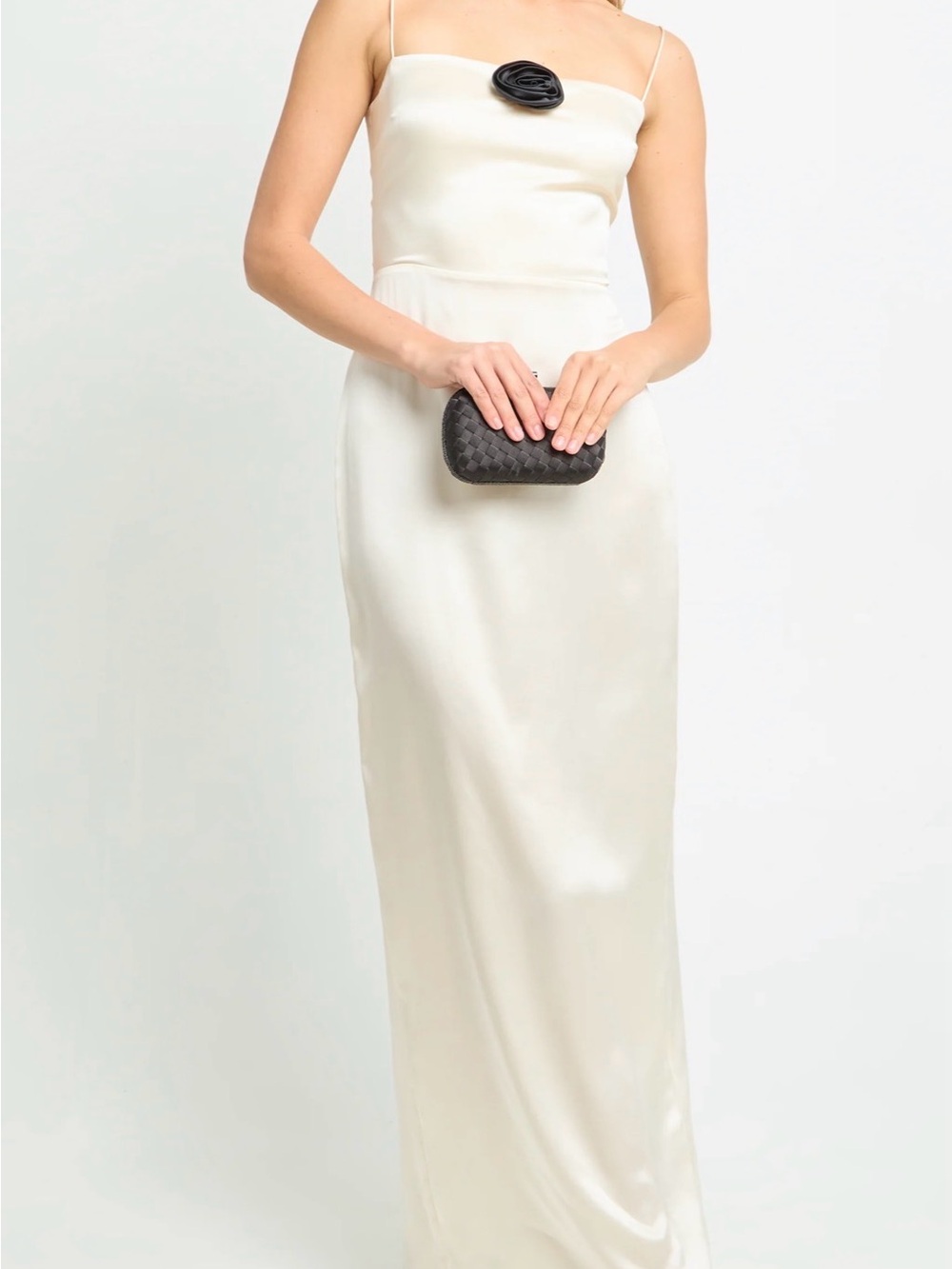 Elegant Ivory Satin Maxi Slip Dress with Black Rosette